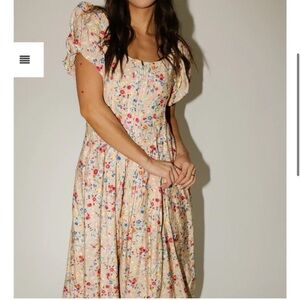 Floral Puff Sleeve Midi Dress in Cream